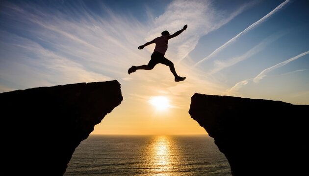 man silhouette jump between two cliffs - Powered by Adobe