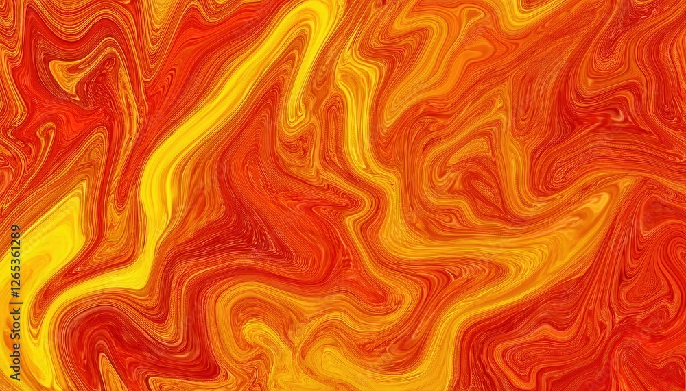 Poster vibrant orange and yellow fluid abstract pattern with swirling lines and dynamic movement, suitable for modern design projects