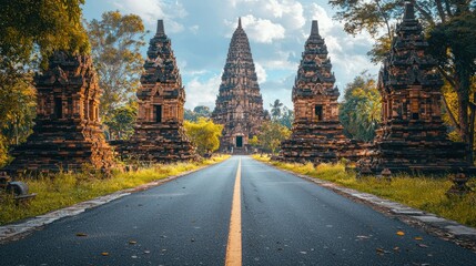 Ancient Temples, Road, Thailand, Sunny Day, Peaceful Scenery