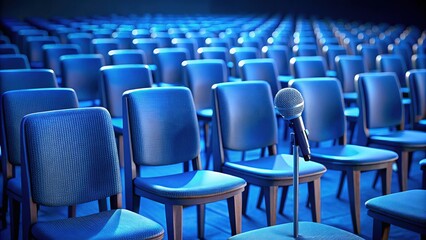 Naklejka premium Dark backdrop. Tilt-shift chairs, microphone. AI photo art.