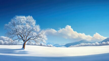 A serene winter landscape featuring a solitary tree against a backdrop of snow-covered fields and a clear blue sky, evoking a sense of tranquility and solitude in nature.