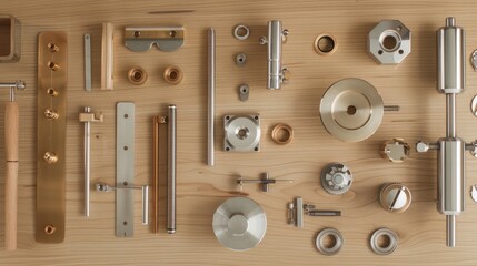 Assorted Metal Hardware Parts Arranged on Wood Background