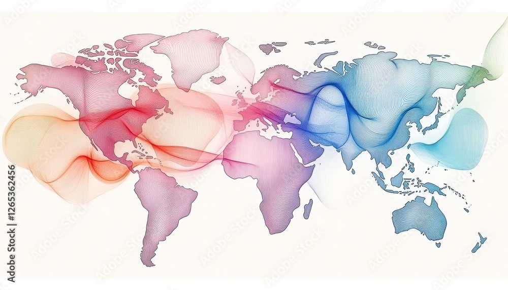 Aufkleber abstract world map with colorful flowing lines, global business and financial data visualization