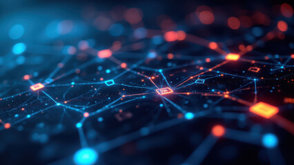 Cybersecurity network with blue nodes and red warning signs.