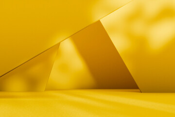 .Yellow geometric background with light and shadow for product placement mockup. Abstract studio interior scene showroom for brand display. Bright modern minimal color empty space design.