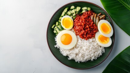 Delicious Plate of Rice with Spicy Sauce, Eggs, Cucumbers, and Anchovies