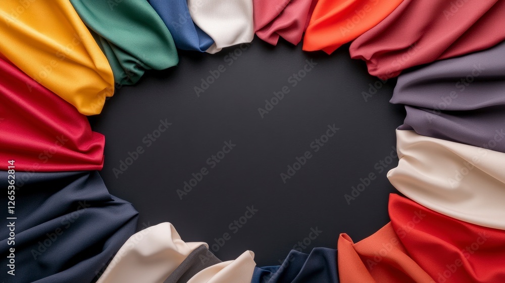 Poster vibrant fabric textures arranged in circular pattern on dark background