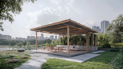 Minimalist rooftop lounge with eco-friendly solar panel pergola, open seating, and panoramic city views, green urban minimalism.