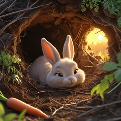 artoon-style rabbit with soft fluffy fur and big eyes in cozy underground burrow surrounded by colorfull easter eggs