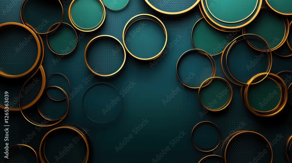 Poster intricate design of golden circles floating on a serene emerald backdrop radiates elegance and moder