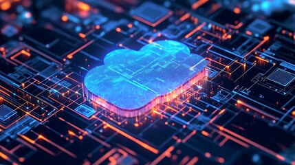 A schematic of cloud computing infrastructure showcasing data storage, security, and AI processing.