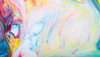 colorful swirls of liquid paint creating an abstract artistic pattern with vibrant blue, pink, yellow, and white tones