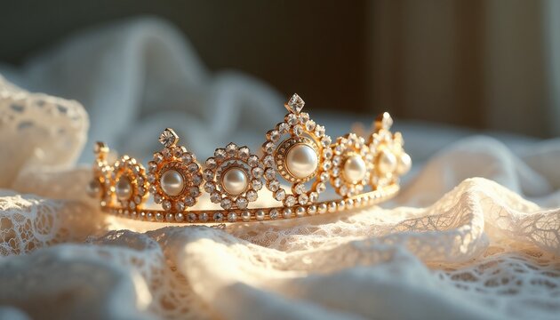 Delicate golden pearl-encrusted bridal tiara with crystals on vintage lace veil. Morning natural light. Bridal hair accessories. Spring Wedding Expo