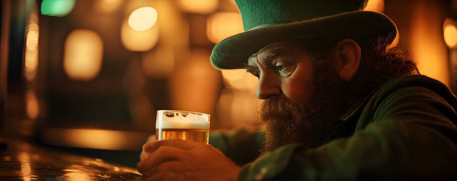 Sad man in green hat upset with fresh beer on bar counter. Leprechaun with beard and craft beer on blurred Irish pub background. Tradition carnival St. Patrick's day celebration. Oktoberfest.
