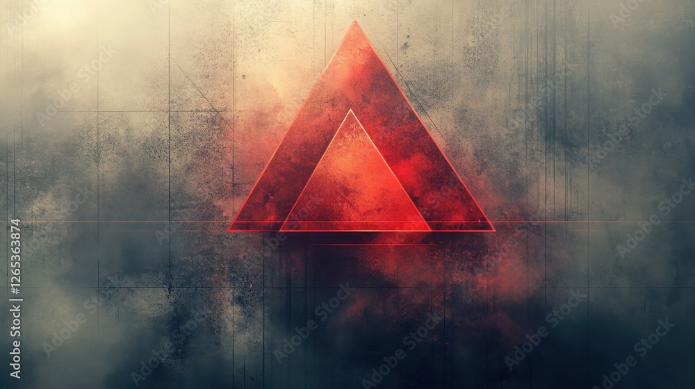 Poster vibrant red triangle symbolizing strength and unity amidst an ethereal misty backdrop in an abstract