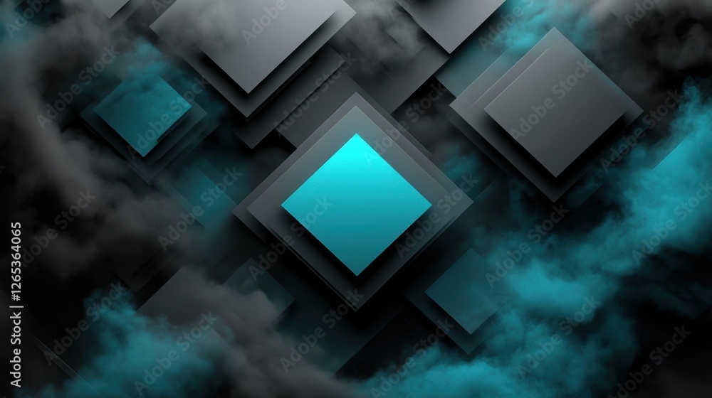 Poster abstract composition of floating squares in a dramatic clouded atmosphere with vibrant turquoise acc