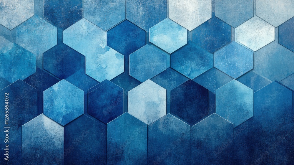 Poster exploring the depth of blue hues with a mesmerizing hexagonal tile arrangement in a modern design