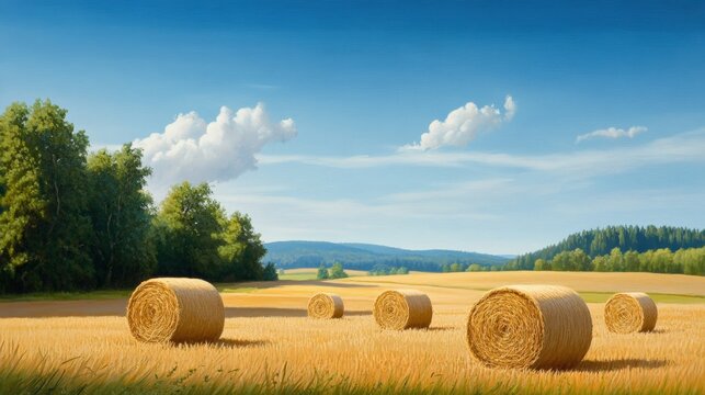 A serene landscape showcasing golden hay bales scattered across a sunny field, framed by lush greenery and distant hills under a clear blue sky, embodying rural tranquility and bea