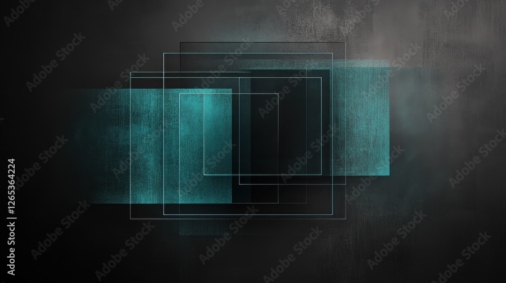 Poster layers of translucent teal shapes floating above a textured dark background evoke a sense of depth a