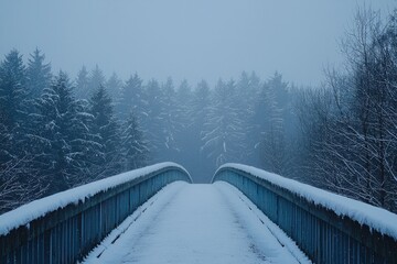 Peaceful Snowy Bridge Surrounded by Pines