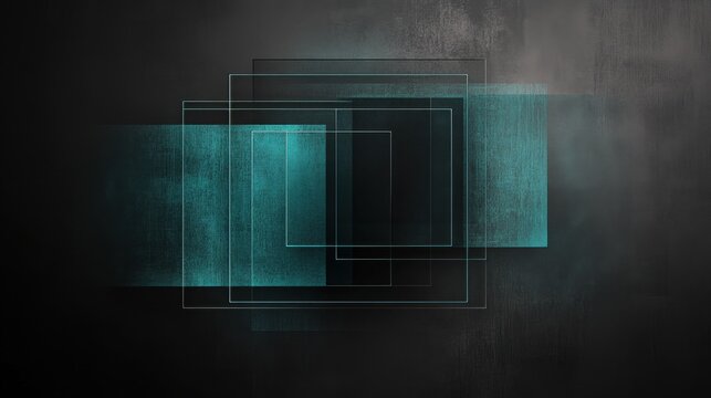 Layers of translucent teal shapes floating above a textured dark background evoke a sense of depth and modern artistry in the design