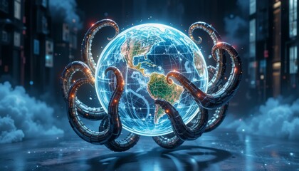 Cybernetic octopus wrapping around glowing Earth