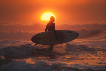 Surfer is practicing surfing on big wave on the ocean generative AI