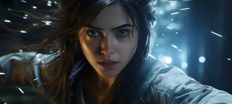 a beauty actress playing a fit sci-fi brawler in action in the coridor , ai generative