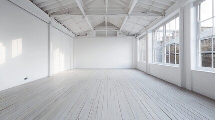 Fototapeta premium Empty white loft, sunlight, city view, studio