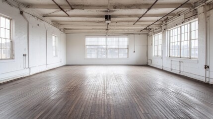 Fototapeta premium Empty loft space, hardwood floor, city view, event rental
