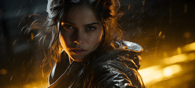 a beauty actress playing a fit sci-fi brawler in action in the coridor , ai generative