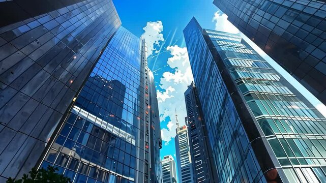 Video footage of Modern skyscrapers with reflective glass facades against a bright blue sky and scattered clouds, showcasing impressive urban architecture and height