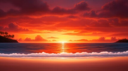 Obraz premium A breathtaking sunset over the ocean, with vibrant colors illuminating the sky. Waves gently kiss the sandy shore, creating a serene and tranquil atmosphere.