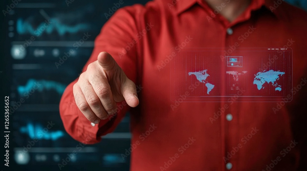 Poster businessman interacting with global data interface in modern technology setting