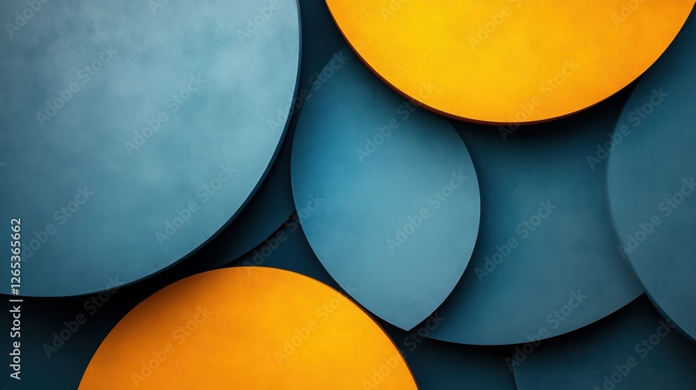 Poster colors and shapes unite in a harmonious blend of blue and yellow circular forms on a textured backgr