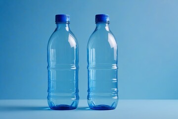 two empty plastic bottles of water on a blue surface
