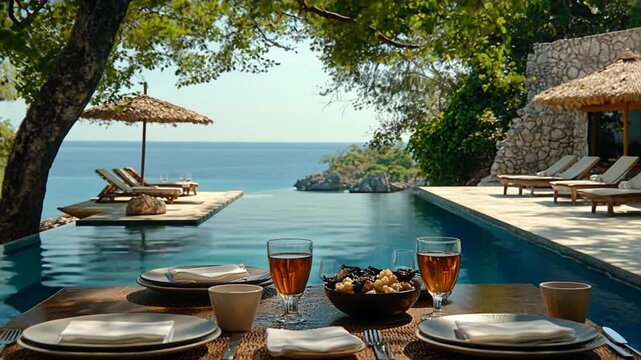 Luxurious seaside villa infinity pool dining