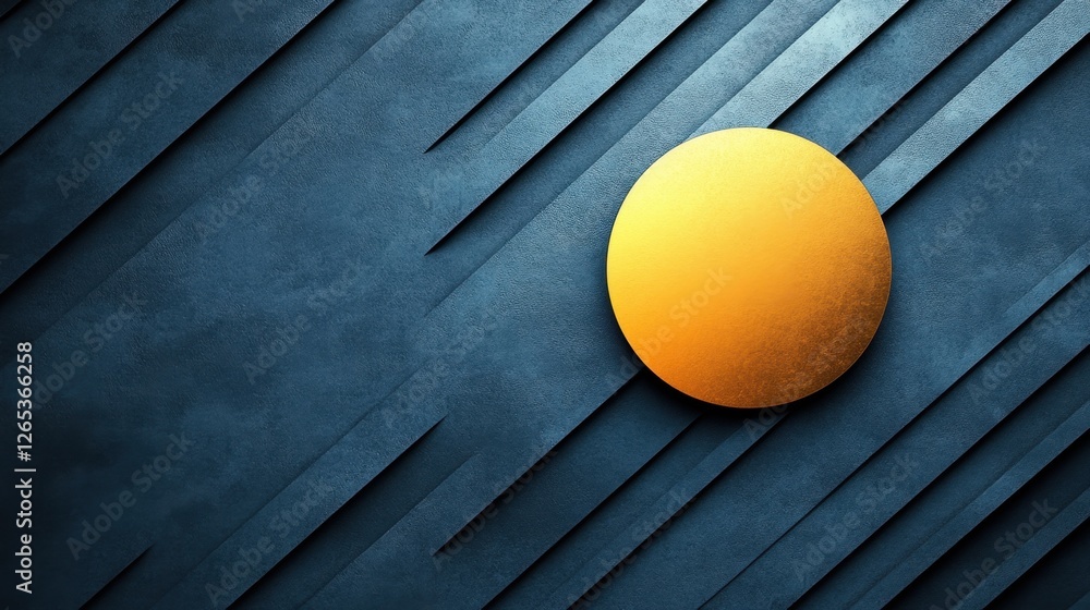 Poster radiant golden sphere contrasts with deep blue textured background and dynamic angled lines creating