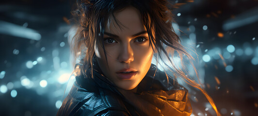 a beauty actress playing a fit sci-fi brawler in action in the coridor , ai generative