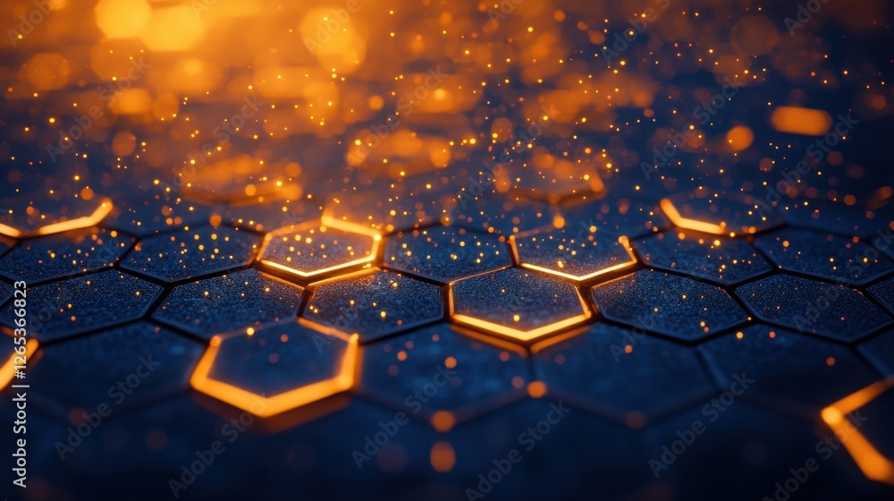 Poster hexagonal pattern glows with vibrant sparks in a mesmerizing display of light and texture