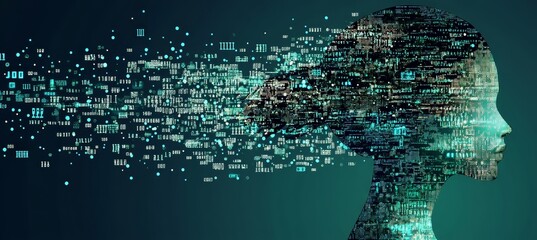 Artificial Intelligence Female Head Silhouette with Circuit Patterns and Binary Code Data Stream
