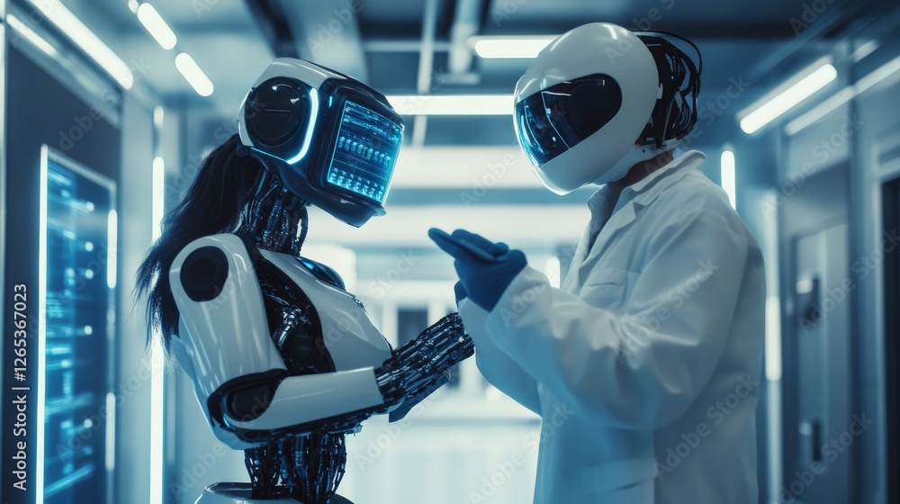 Poster nano-robot interacting with a scientist in a high-tech research facility, futuristic nanotechnology 