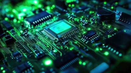 Obraz premium Close-up of glowing circuit board with central processor