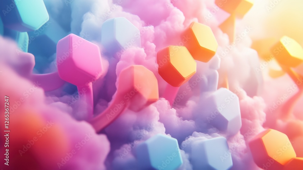 Poster colorful abstract representation of molecular structures amidst vibrant clouds in a dynamic explorat