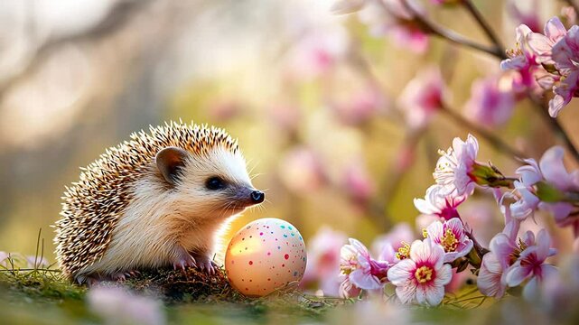 Curious hedgehog explores blossom garden with painted egg in springtime