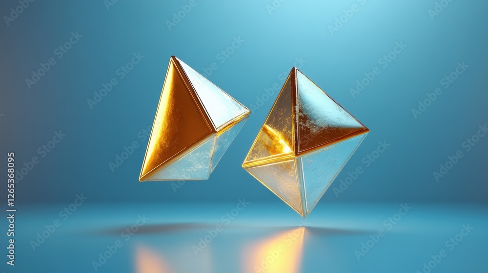 Poster floating geometric shapes interact with light in an elegant display of color and form