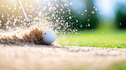 Golfer in Action: Bunker Shot with Sand Wedge Sending Sand Spray.