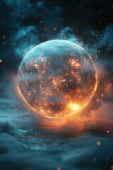 Obraz premium Fiery planet engulfed in cosmic clouds.