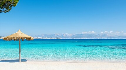 Tranquil White Sand Beach With Straw Umbrella And Turquoise Sea