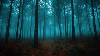 Naklejka premium Mystical foggy forest path, autumn leaves, tranquil scene